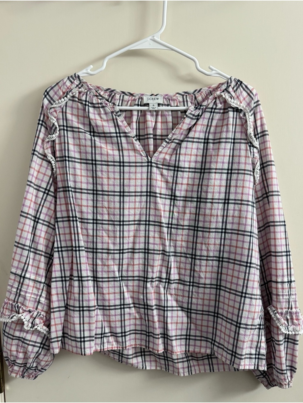 J. Crew Pink and Black Plaid Peasant Top